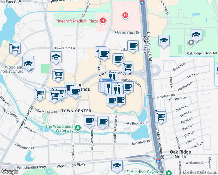 map of restaurants, bars, coffee shops, grocery stores, and more near 1201 Lake Woodlands Drive in The Woodlands