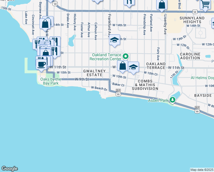 map of restaurants, bars, coffee shops, grocery stores, and more near 2100 West Beach Drive in Panama City