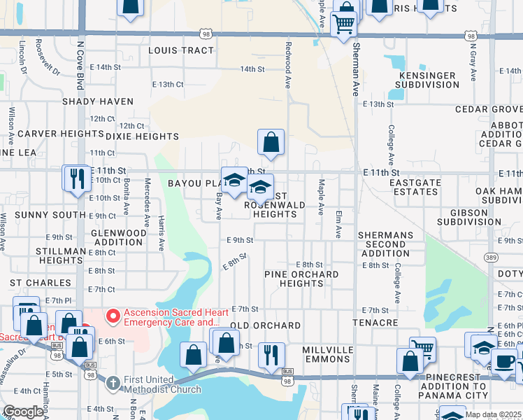 map of restaurants, bars, coffee shops, grocery stores, and more near 1025 Redwood Avenue in Panama City