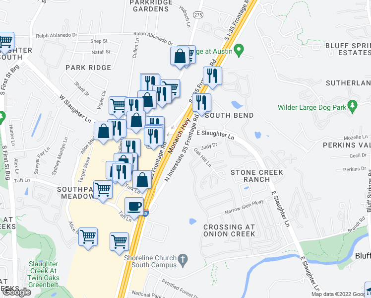 map of restaurants, bars, coffee shops, grocery stores, and more near 1700 Oak Hill Lane in Austin