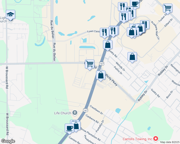 map of restaurants, bars, coffee shops, grocery stores, and more near 6136 Johnston Street in Lafayette