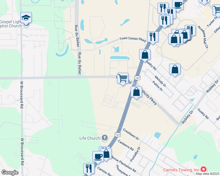 map of restaurants, bars, coffee shops, grocery stores, and more near 6136 Johnston Street in Lafayette
