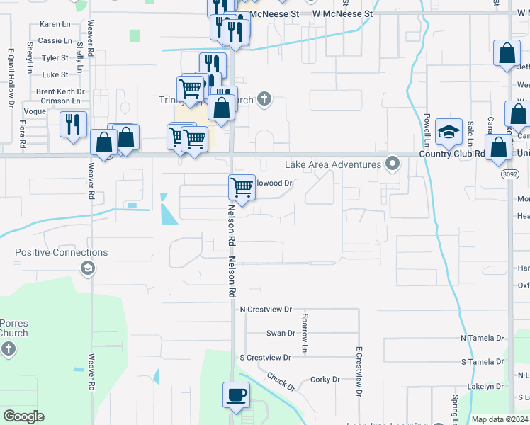 map of restaurants, bars, coffee shops, grocery stores, and more near 1835 Fox Run Drive in Lake Charles