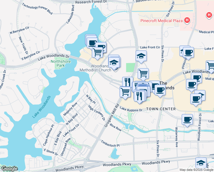 map of restaurants, bars, coffee shops, grocery stores, and more near 9669 Grogans Mill Road in Spring