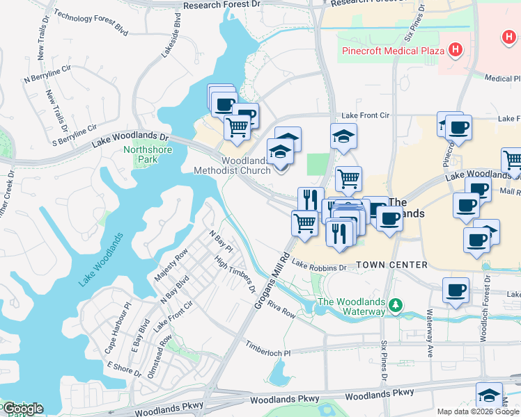 map of restaurants, bars, coffee shops, grocery stores, and more near 2201 Lake Woodlands Drive in Spring