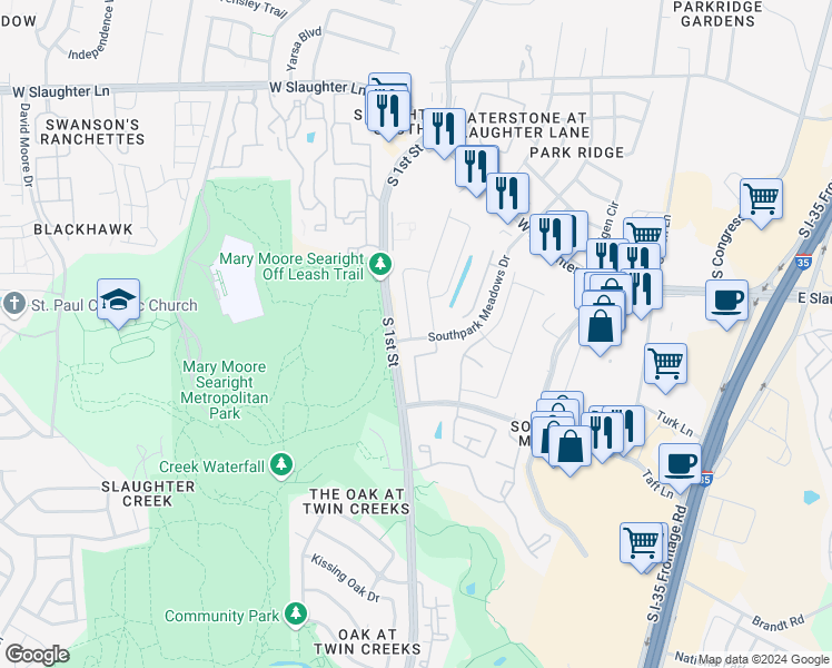 map of restaurants, bars, coffee shops, grocery stores, and more near 9533 Hunter Lane in Austin