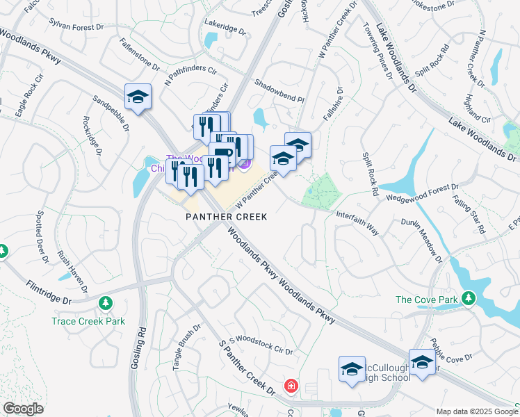 map of restaurants, bars, coffee shops, grocery stores, and more near 4800 West Panther Creek Drive in The Woodlands