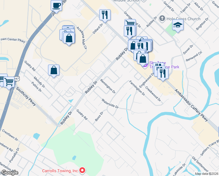 map of restaurants, bars, coffee shops, grocery stores, and more near 207 Remington Drive in Lafayette