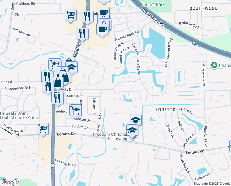 map of restaurants, bars, coffee shops, grocery stores, and more near 3270 Ricky Drive in Jacksonville