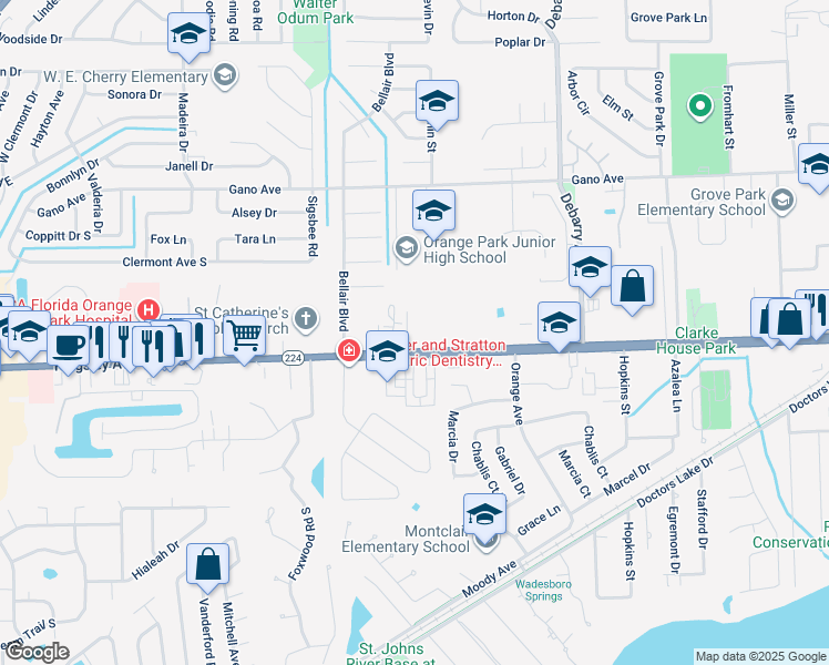 map of restaurants, bars, coffee shops, grocery stores, and more near 1525 Kingsley Avenue in Orange Park