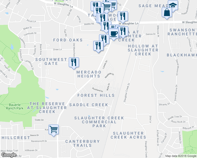 map of restaurants, bars, coffee shops, grocery stores, and more near 1701 Rockland Drive in Austin