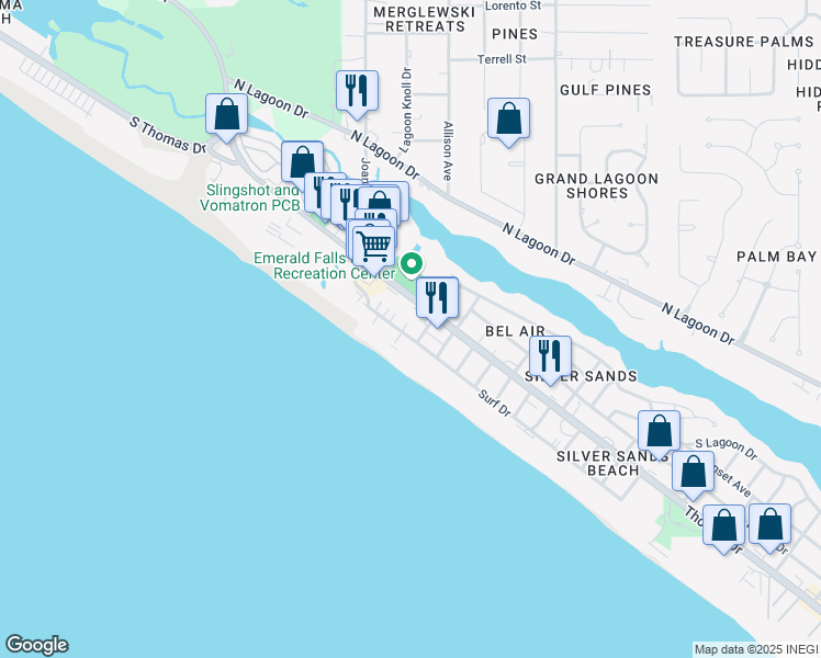 map of restaurants, bars, coffee shops, grocery stores, and more near 8524 Surf Drive in Panama City Beach