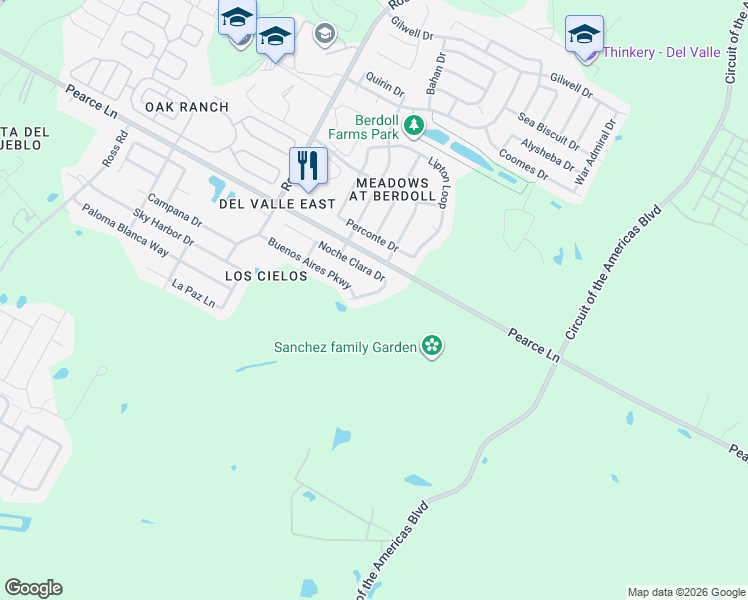 map of restaurants, bars, coffee shops, grocery stores, and more near 13123 Noche Clara Drive in Del Valle