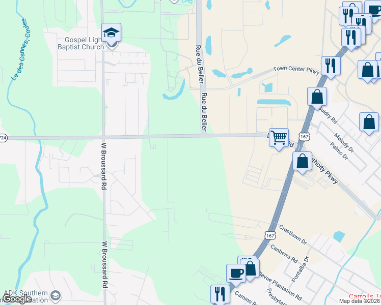 map of restaurants, bars, coffee shops, grocery stores, and more near 317 Duhon Road in Lafayette