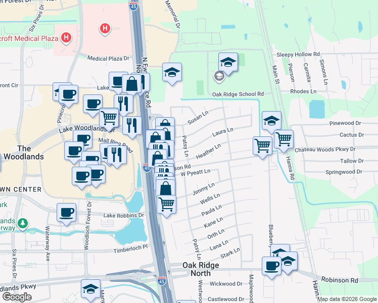 map of restaurants, bars, coffee shops, grocery stores, and more near 215 Laura Lane in Conroe