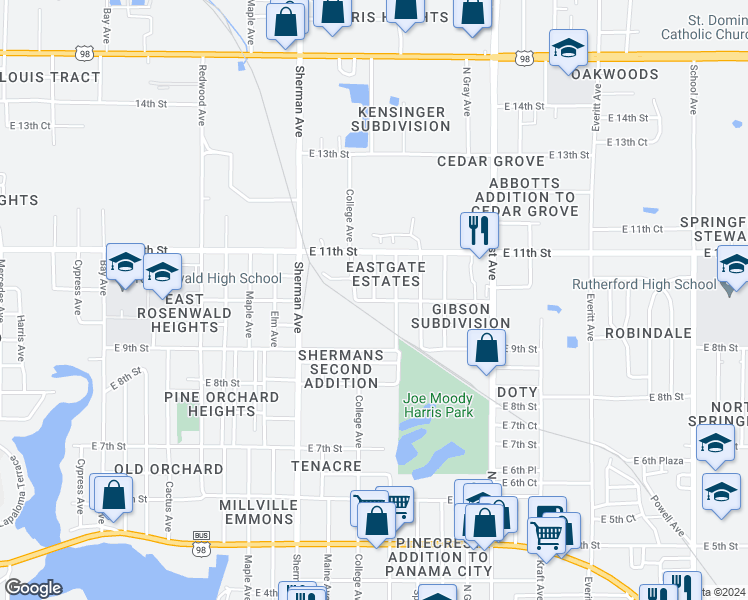 map of restaurants, bars, coffee shops, grocery stores, and more near 2200 East 10th Street in Panama City