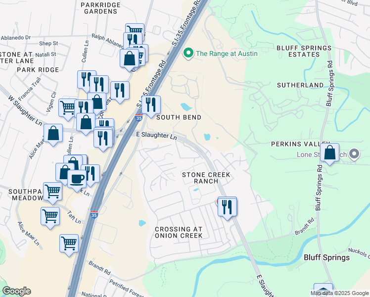 map of restaurants, bars, coffee shops, grocery stores, and more near 333 East Slaughter Lane in Austin