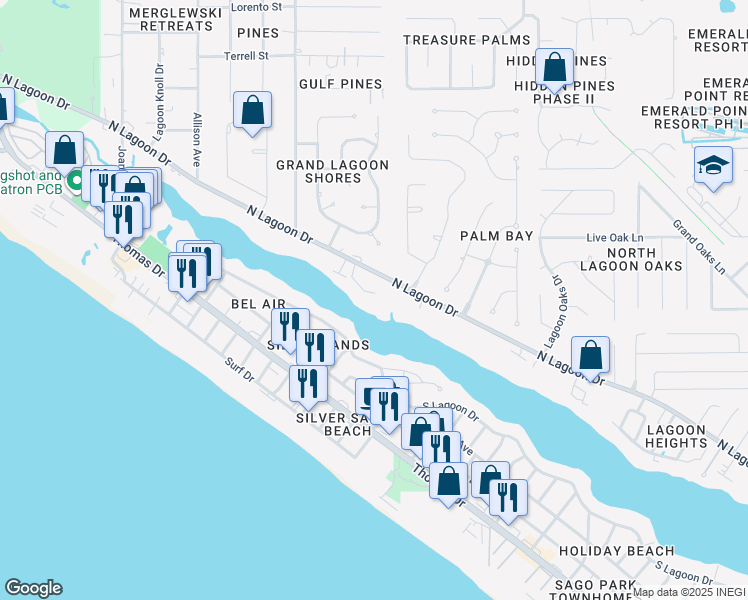 map of restaurants, bars, coffee shops, grocery stores, and more near 8501 North Lagoon Drive in Panama City Beach
