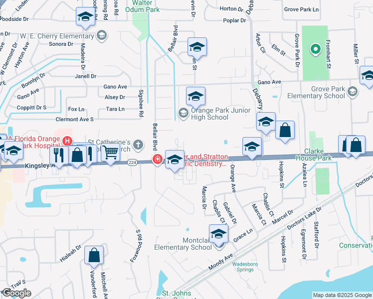 map of restaurants, bars, coffee shops, grocery stores, and more near 1525 Kingsley Avenue in Orange Park