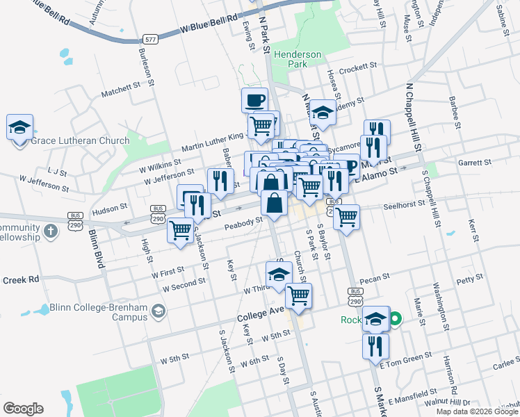 map of restaurants, bars, coffee shops, grocery stores, and more near 305 West Main Street in Brenham