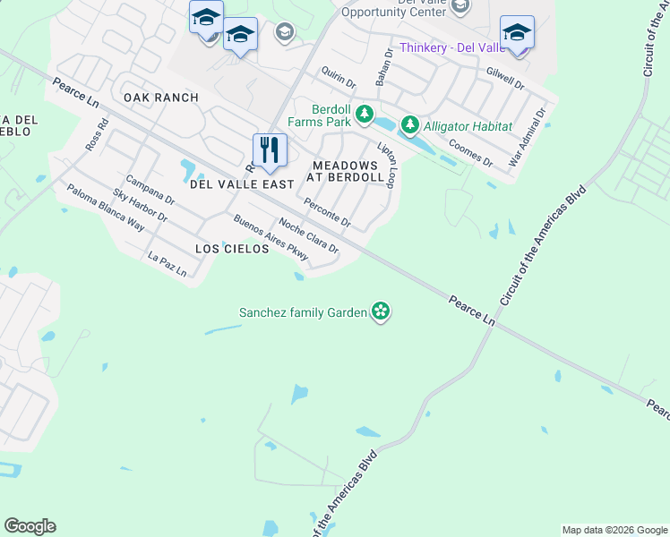 map of restaurants, bars, coffee shops, grocery stores, and more near 13123 Noche Clara Drive in Del Valle