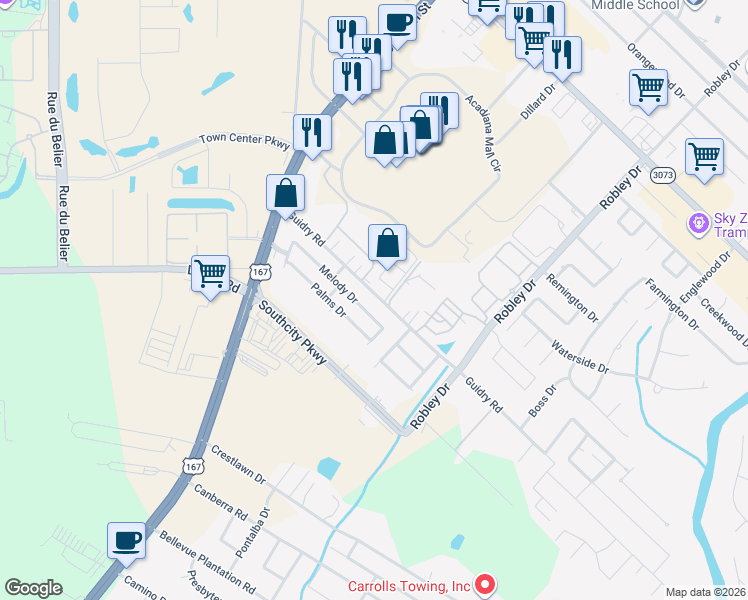 map of restaurants, bars, coffee shops, grocery stores, and more near 501 Acadiana Mall Circle in Lafayette