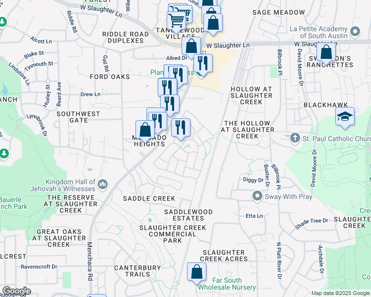 map of restaurants, bars, coffee shops, grocery stores, and more near 1603 Redwater Drive in Austin