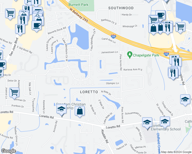 map of restaurants, bars, coffee shops, grocery stores, and more near 3577 Mandarin Woods Drive North in Jacksonville
