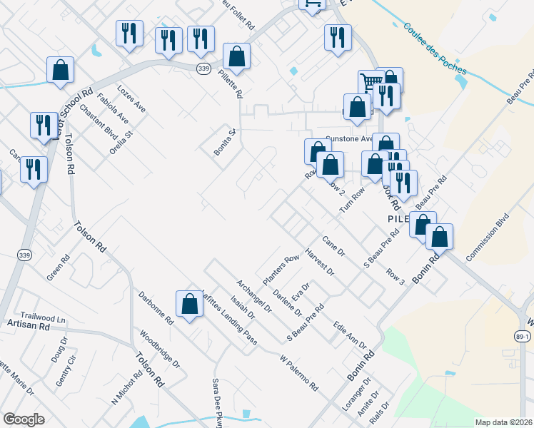 map of restaurants, bars, coffee shops, grocery stores, and more near 120 Cane Ridge Circle in Lafayette
