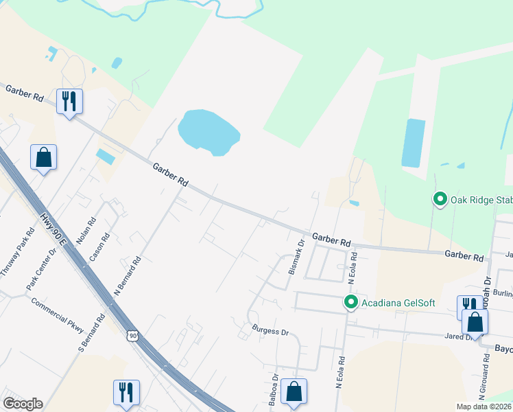 map of restaurants, bars, coffee shops, grocery stores, and more near 1006 Garber Road in Broussard