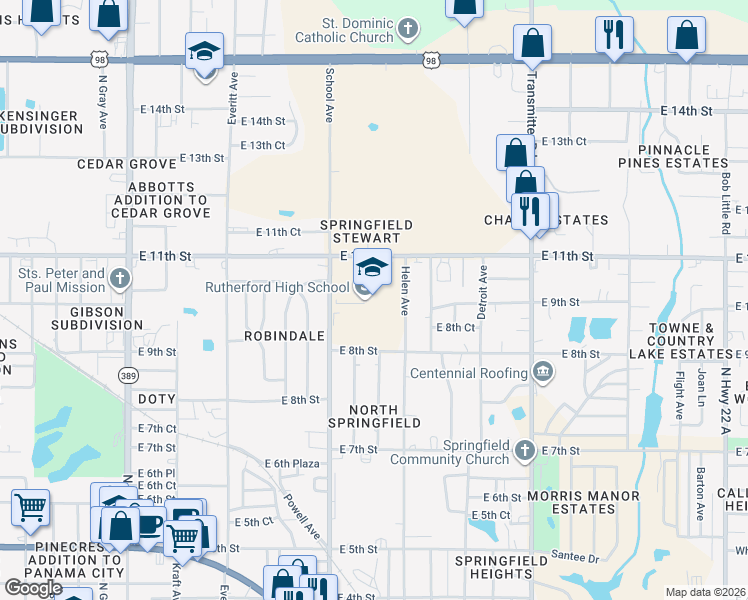 map of restaurants, bars, coffee shops, grocery stores, and more near 1000 School Avenue in Panama City