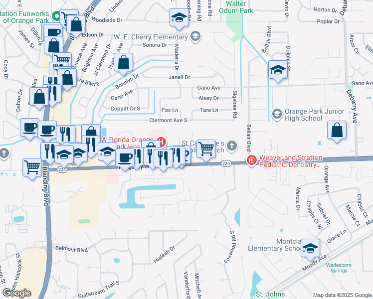 map of restaurants, bars, coffee shops, grocery stores, and more near 1825 Kingsley Avenue in Orange Park
