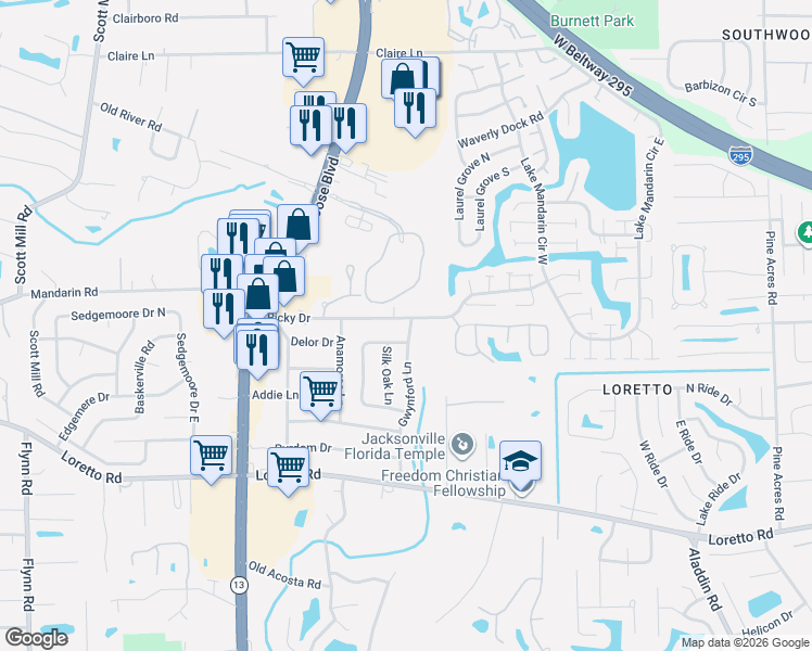 map of restaurants, bars, coffee shops, grocery stores, and more near 3247 Ricky Drive in Jacksonville