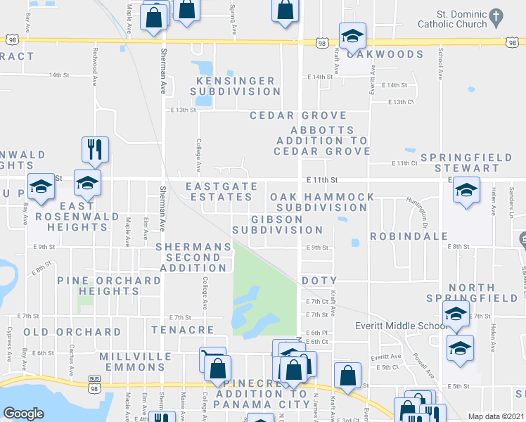 map of restaurants, bars, coffee shops, grocery stores, and more near 1013 North Church Avenue in Panama City