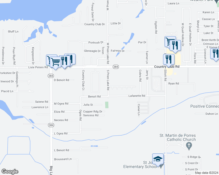 map of restaurants, bars, coffee shops, grocery stores, and more near 4997 South Prien Lake Road in Lake Charles
