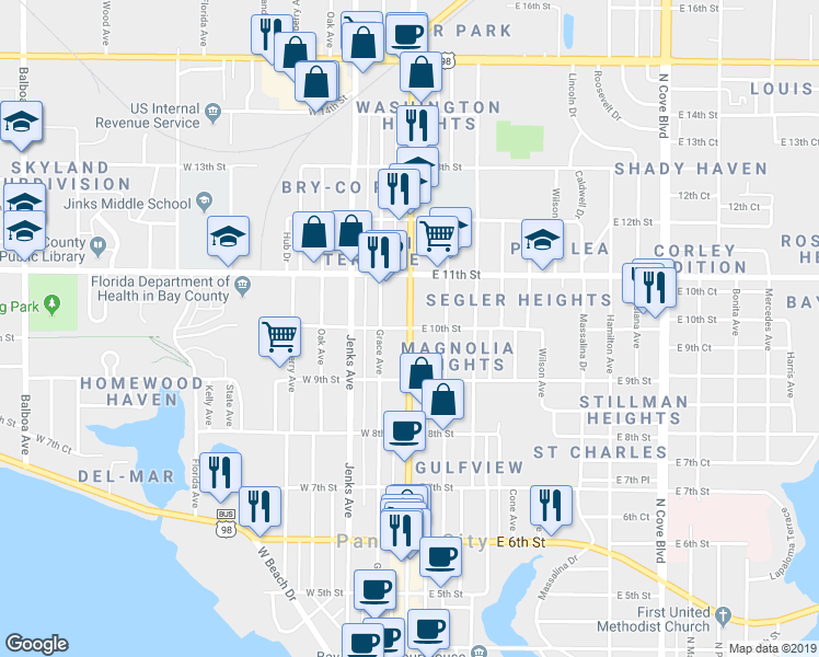 map of restaurants, bars, coffee shops, grocery stores, and more near 1 West 10th Street in Panama City