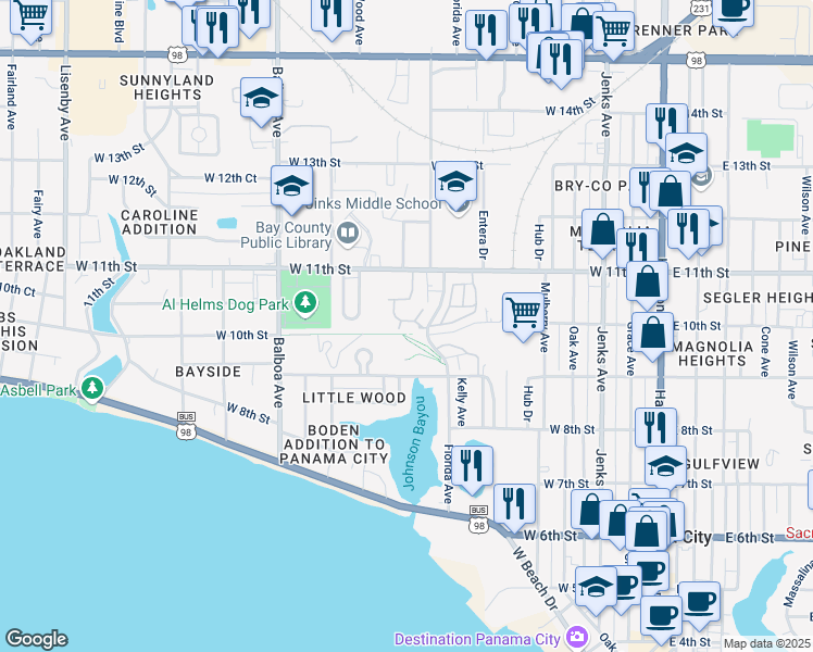 map of restaurants, bars, coffee shops, grocery stores, and more near 1006 Arbours Drive in Panama City