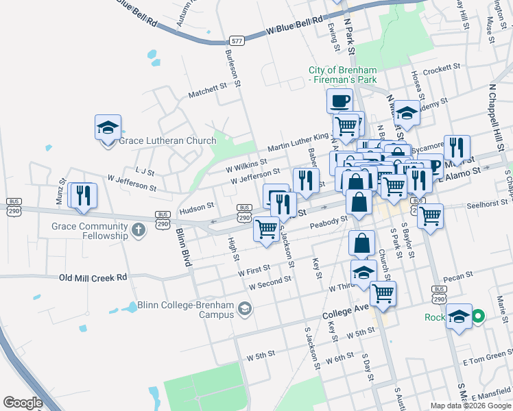 map of restaurants, bars, coffee shops, grocery stores, and more near 111 Mulberry Street in Brenham