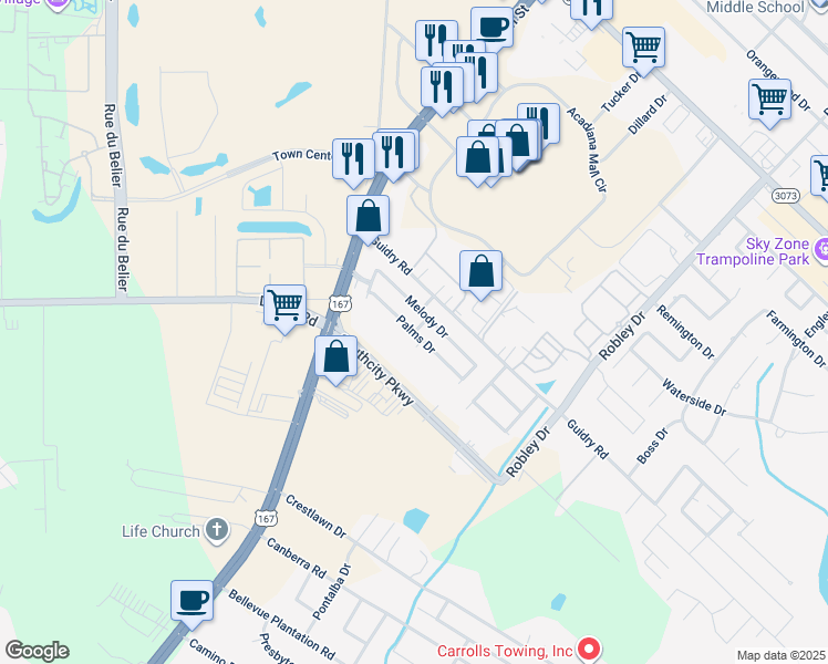 map of restaurants, bars, coffee shops, grocery stores, and more near 299 Palms Drive in Lafayette
