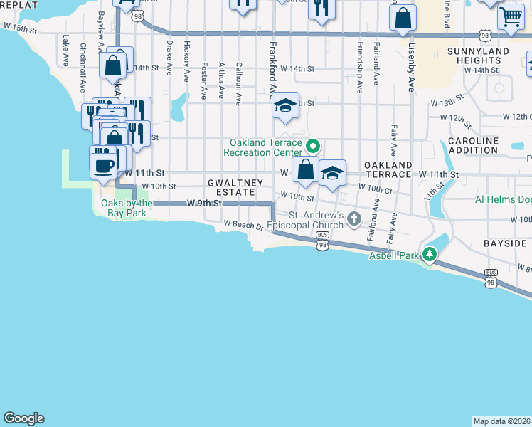 map of restaurants, bars, coffee shops, grocery stores, and more near 2100 West Beach Drive in Panama City