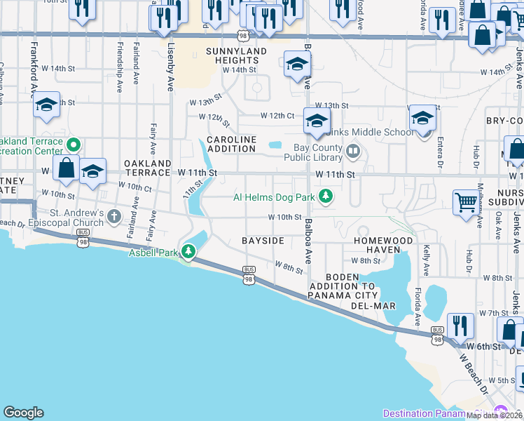 map of restaurants, bars, coffee shops, grocery stores, and more near 1108 West 10th Street in Panama City