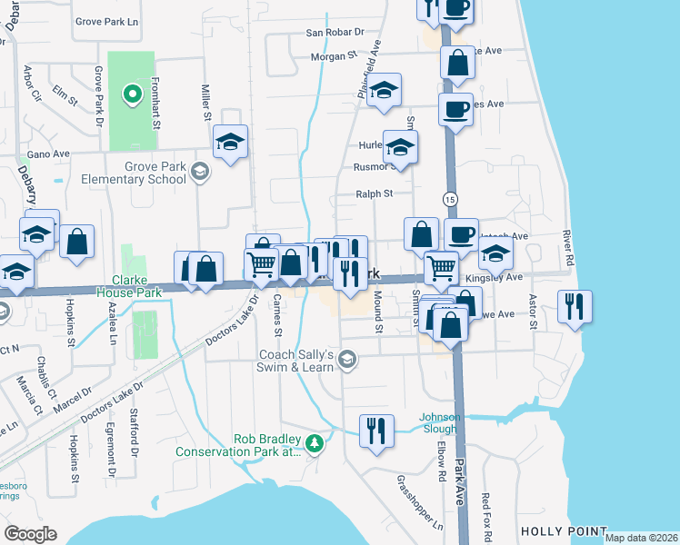 map of restaurants, bars, coffee shops, grocery stores, and more near 1324 Kingsley Avenue in Orange Park