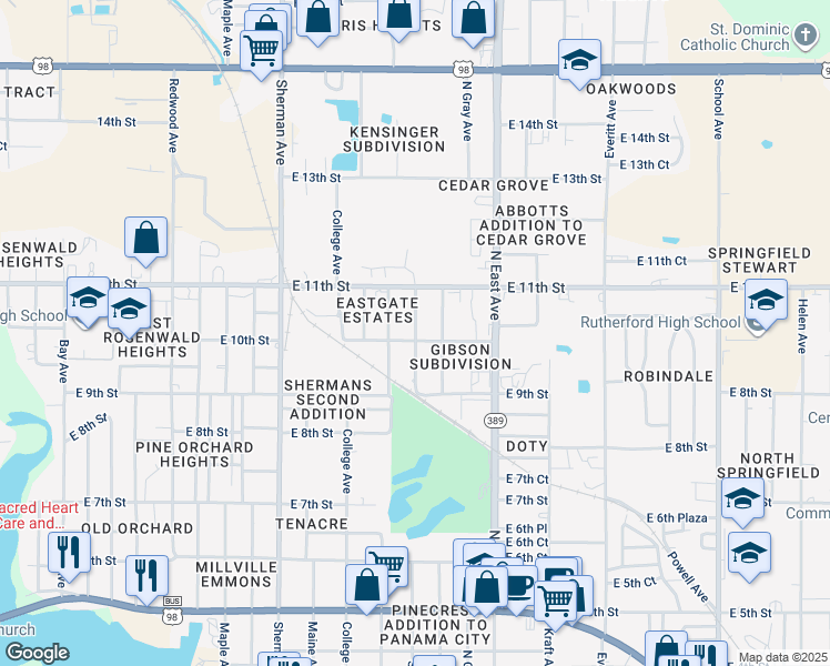 map of restaurants, bars, coffee shops, grocery stores, and more near 1013 North Church Avenue in Panama City