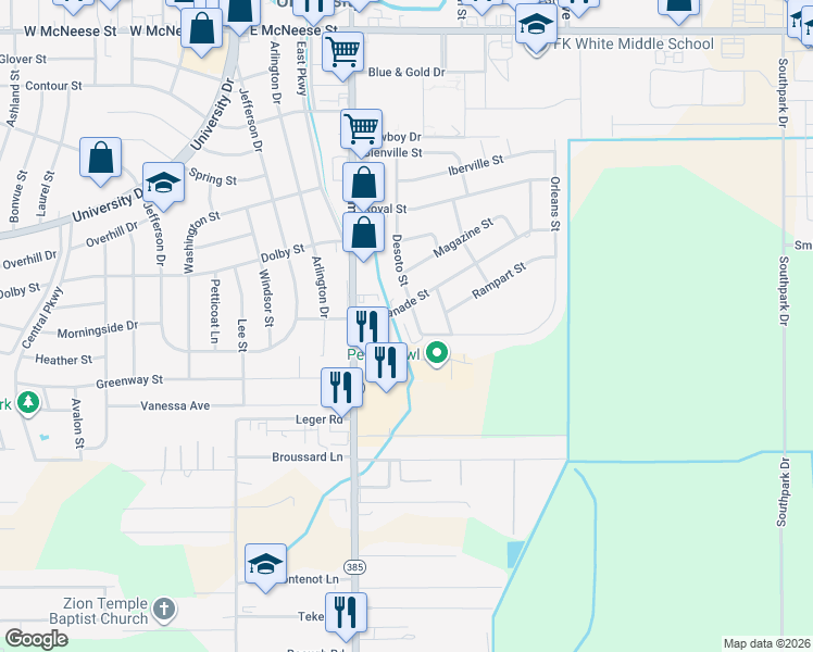 map of restaurants, bars, coffee shops, grocery stores, and more near 650 Esplanade Street in Lake Charles