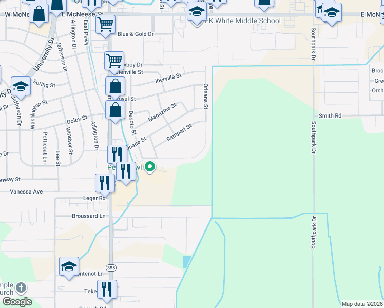 map of restaurants, bars, coffee shops, grocery stores, and more near 853 Desoto Street in Lake Charles