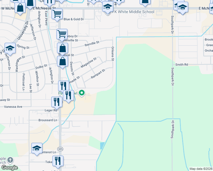 map of restaurants, bars, coffee shops, grocery stores, and more near 853 Desoto Street in Lake Charles