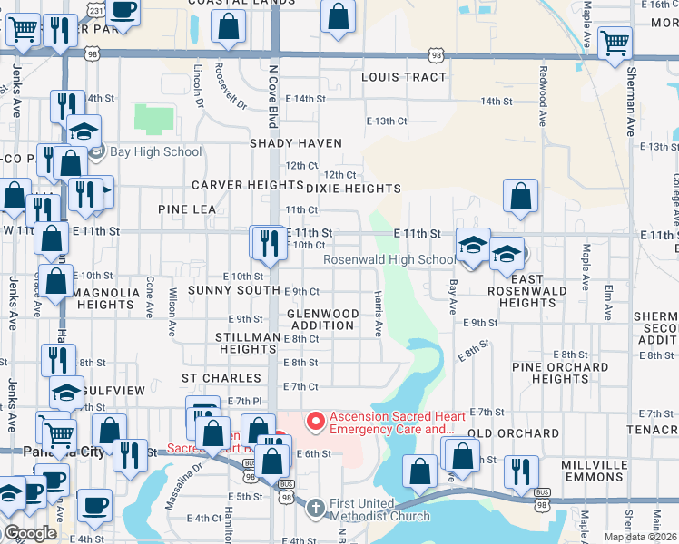 map of restaurants, bars, coffee shops, grocery stores, and more near 902 East 10th Street in Panama City