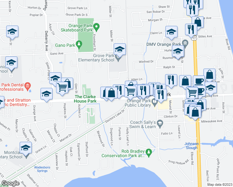 map of restaurants, bars, coffee shops, grocery stores, and more near 833 Kingsley Avenue in Orange Park