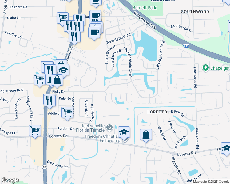 map of restaurants, bars, coffee shops, grocery stores, and more near 3329 Mandarin Glen Drive in Jacksonville