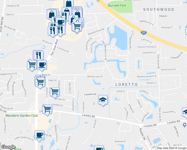 map of restaurants, bars, coffee shops, grocery stores, and more near 3340 Robalo Way in Jacksonville